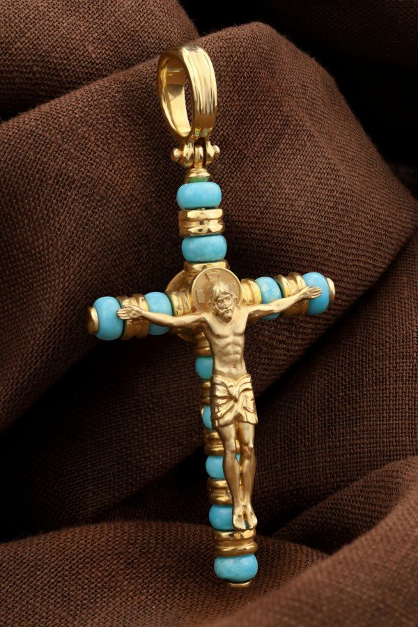 Крест из лимонного золота c бирюзой