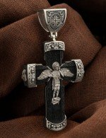 Крест из белого золота 585 пробы c эбеновым деревом
