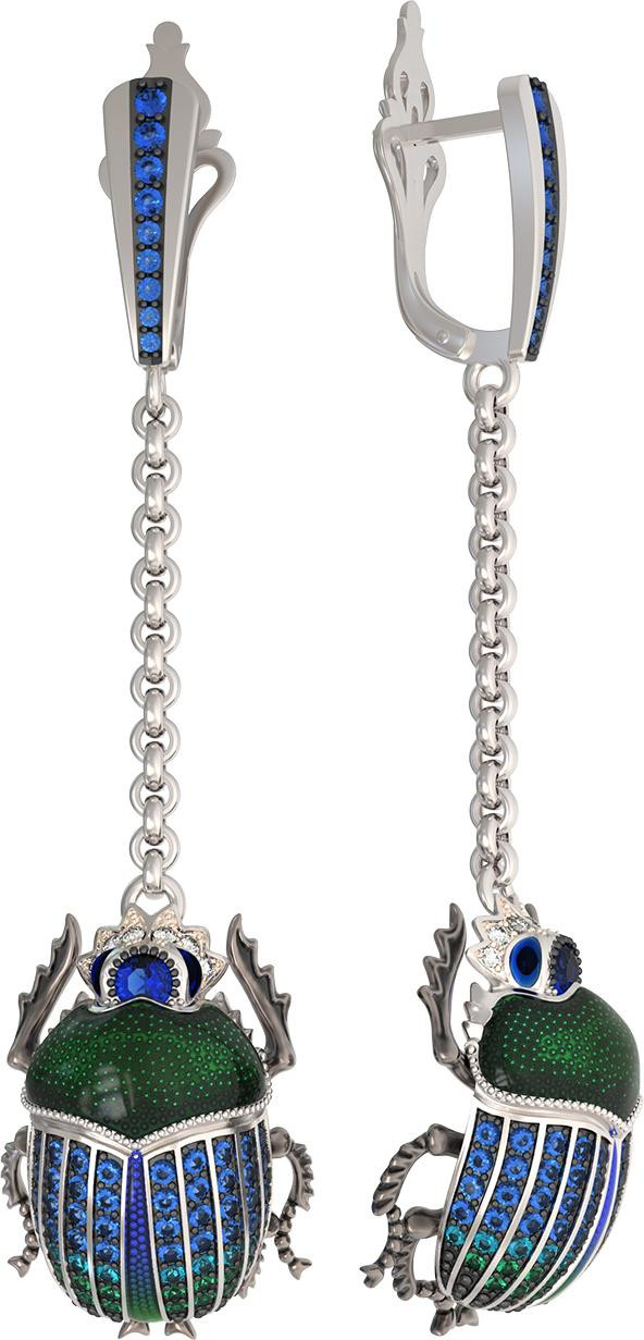 Серьги из белого золота c эмалью, фианитом и сапфиром