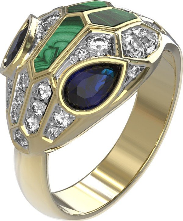 Кольцо из лимонного золота c бриллиантами, сапфиром и малахитом