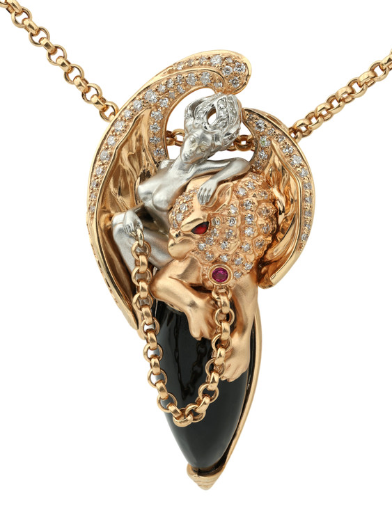 Колье из золота c эмалью, бриллиантами, рубином и ониксом