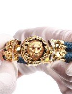 Браслет из лимонного золота 585 пробы c эмалью, бриллиантами, кожаным шнурком и ониксом