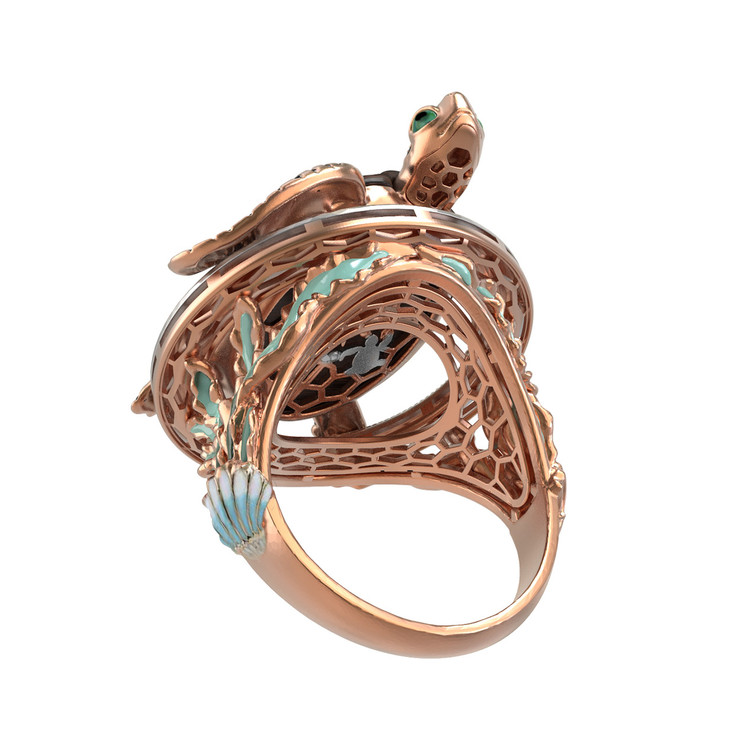 Кольцо из золота c эмалью и железным деревом