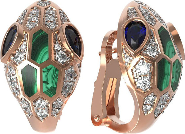 Серьги из золота c бриллиантами, сапфиром и малахитом