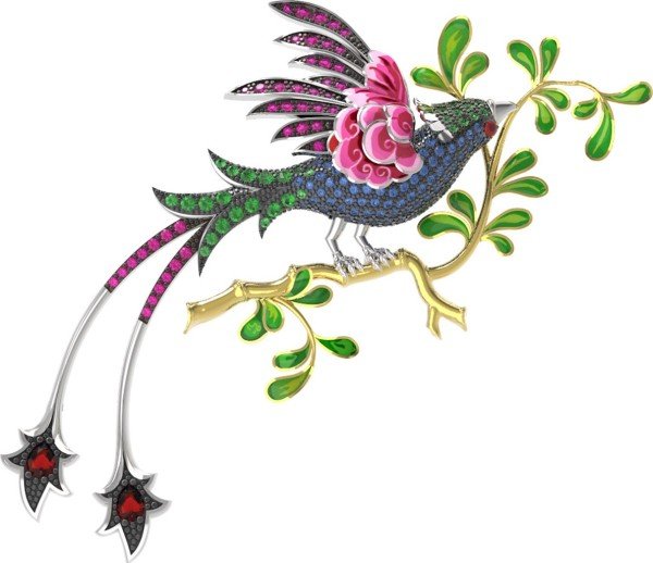 Брошь из белого золота 585 пробы c эмалью, фианитом и гранатом