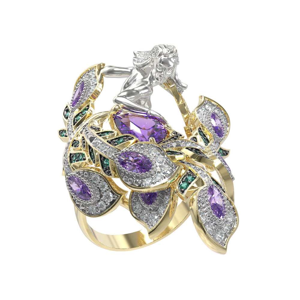 Кольцо из лимонного золота c фианитом и аметистом
