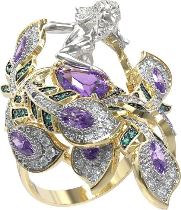 Кольцо из лимонного золота 585 пробы c фианитом и аметистом