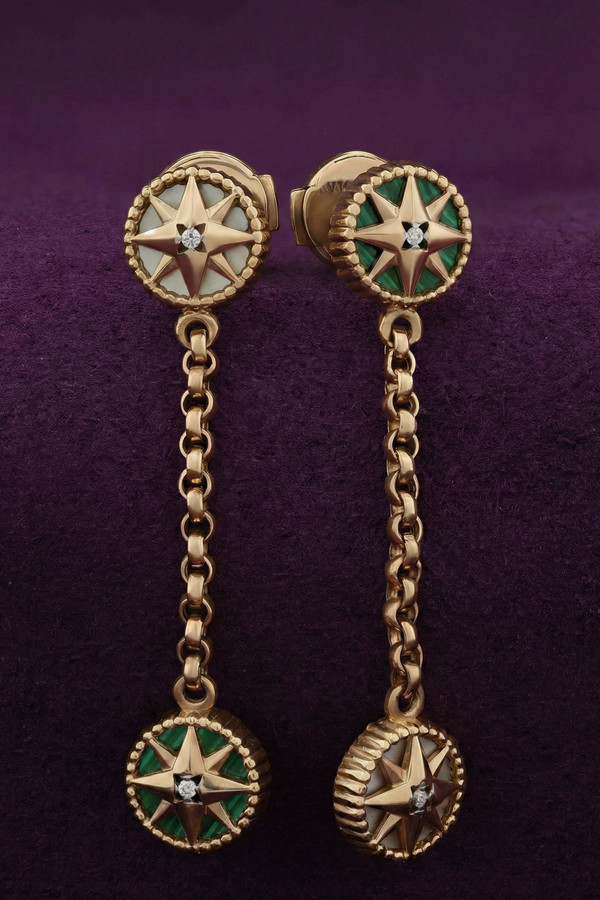 Серьги из золота c бриллиантами, малахитом и перламутром