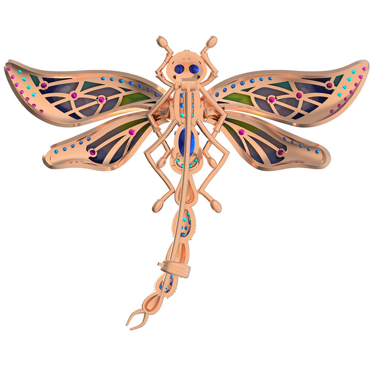 Брошь из золота c фианитом, рубином, сапфиром и эмалью