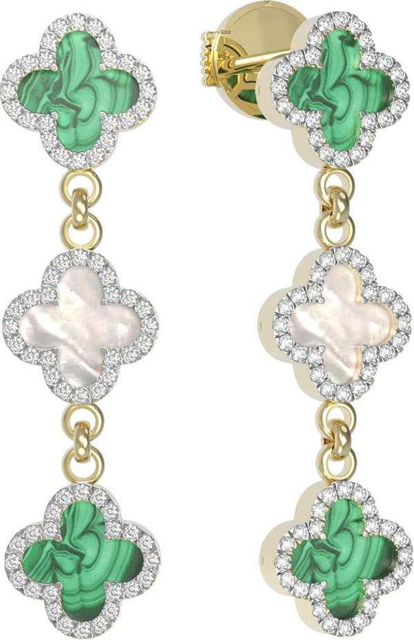 Серьги из лимонного золота c бриллиантами, малахитом и перламутром