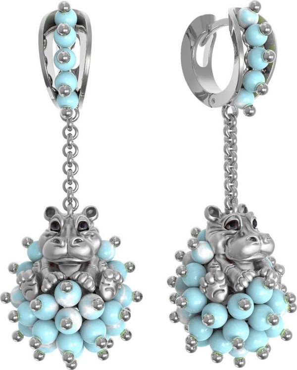 Серьги из белого золота c эмалью и бирюзой