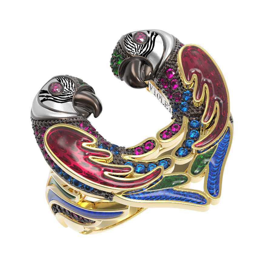 Кольцо из лимонного золота c эмалью и фианитом