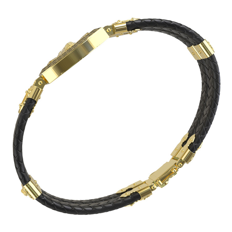 Браслет из лимонного золота c эмалью, шнурком и ониксом