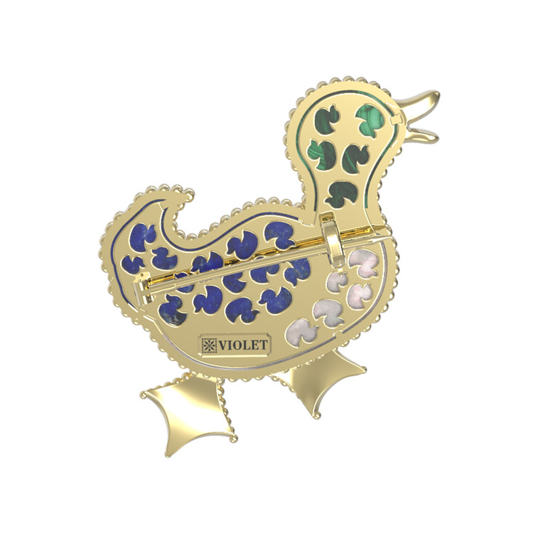 Брошь из лимонного золота c эмалью, лазуритом, малахитом и перламутром