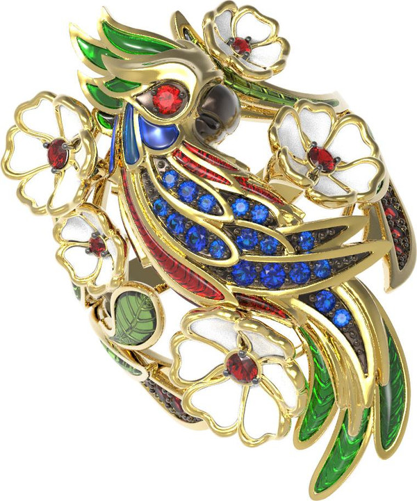 Кольцо из лимонного золота c эмалью, гранатом, рубином и сапфиром