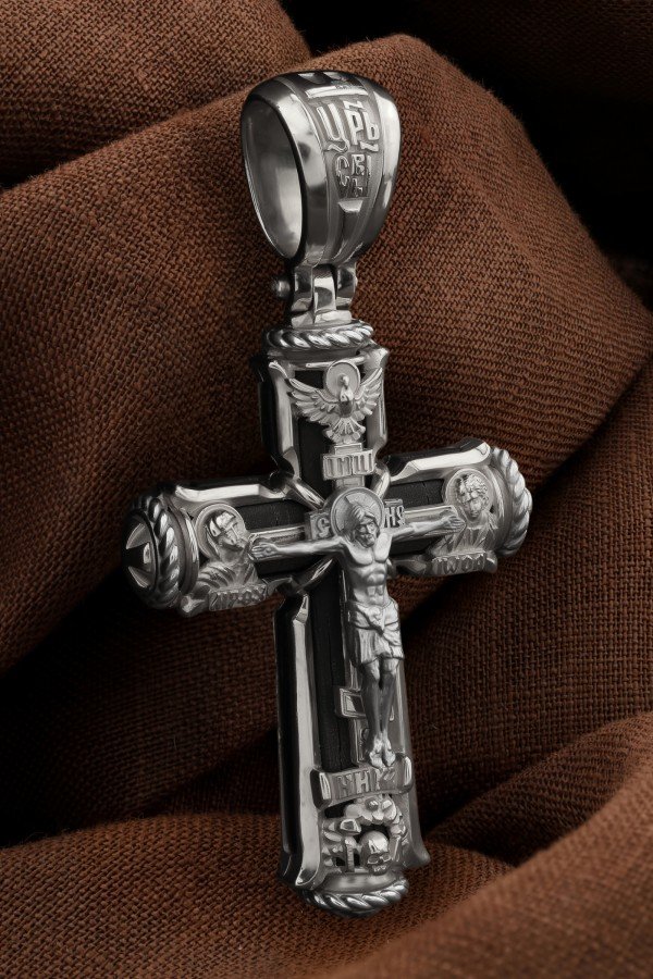 Крест из белого золота 585 пробы c эбеновым деревом