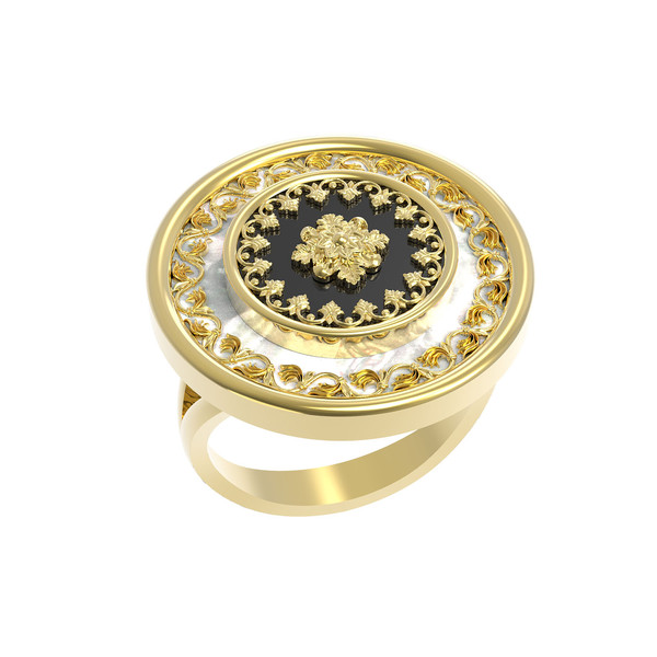 Кольцо из лимонного золота c ониксом и перламутром