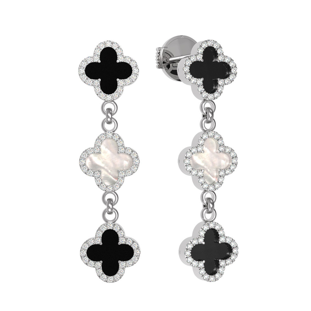 Серьги из белого золота c бриллиантами, ониксом и перламутром