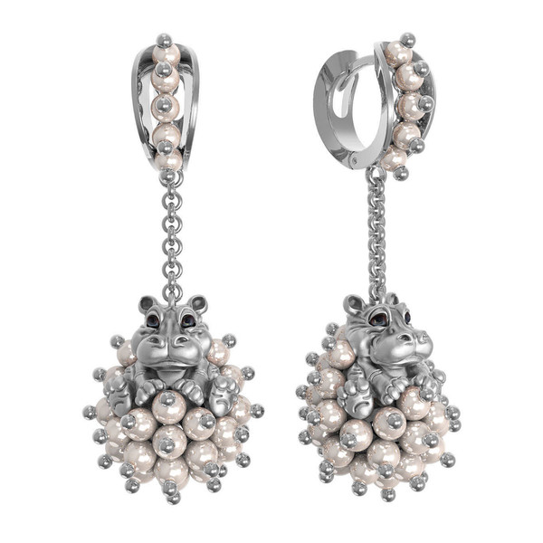 Серьги из белого золота c эмалью и жемчугом