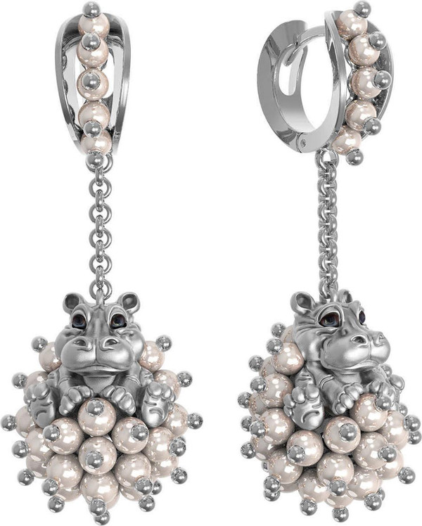 Серьги из белого золота c эмалью и жемчугом