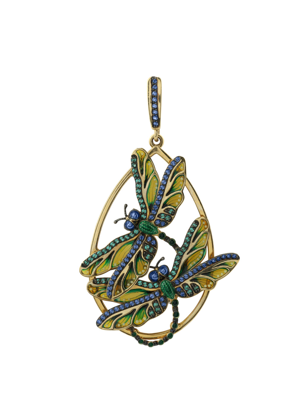Подвеска из лимонного золота c сапфиром, изумрудом и эмалью