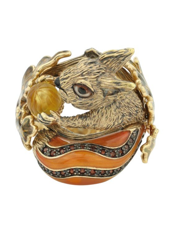 Кольцо из лимонного золота c эмалью, гранатом и янтарём