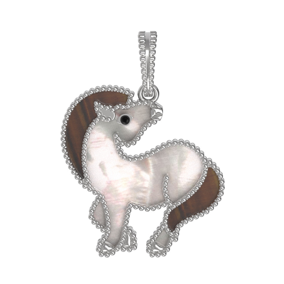 Подвеска из белого золота c эмалью, тигровым глазом и перламутром