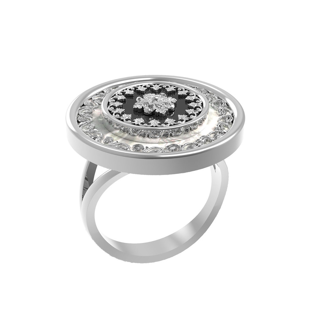 Кольцо из белого золота c ониксом и перламутром