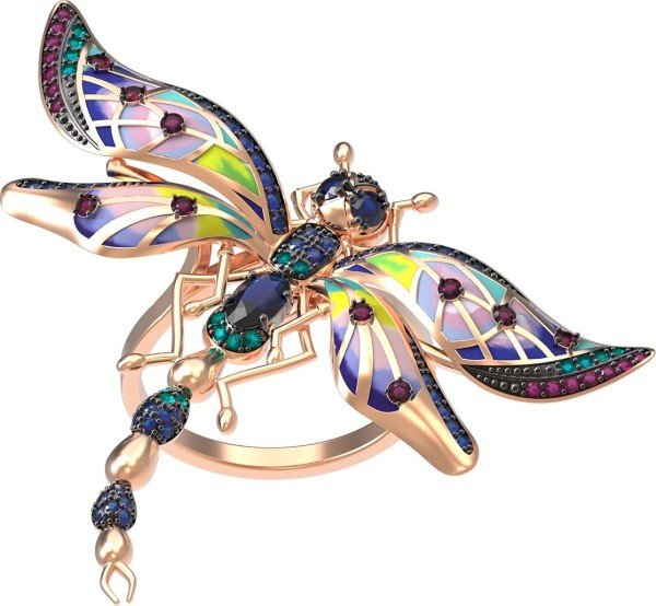 Кольцо из золота 585 пробы c фианитом, рубином, сапфиром и эмалью