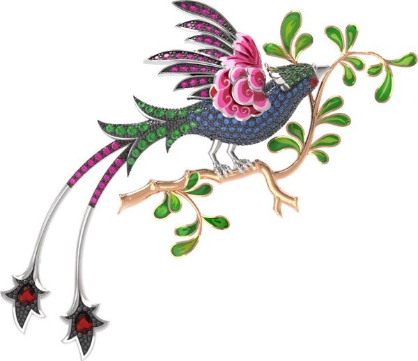 Брошь из белого золота c эмалью, фианитом и гранатом