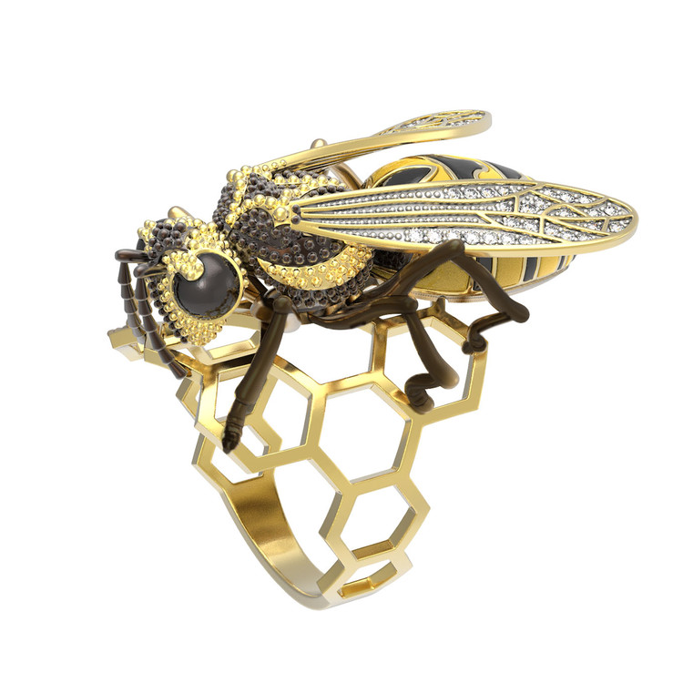 Кольцо из лимонного золота c эмалью и фианитом