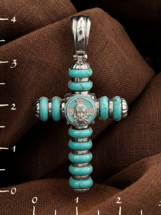 Крест из белого золота c бирюзой