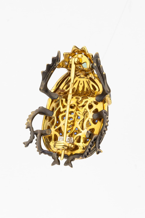 Брошь из лимонного золота c эмалью, фианитом и турмалином