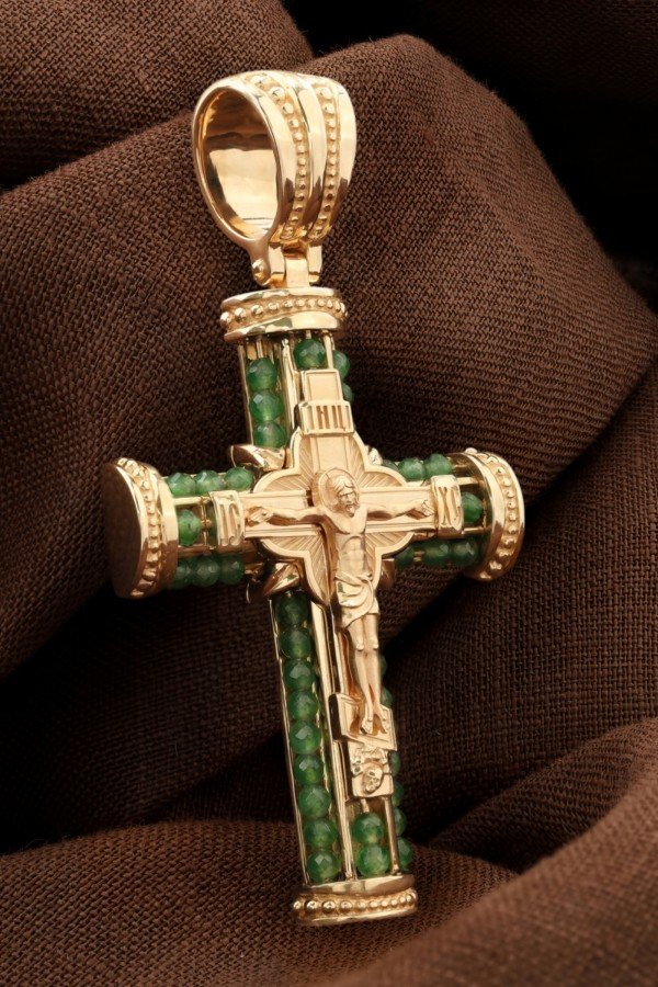 Крест из золота 585 пробы c хризопразом