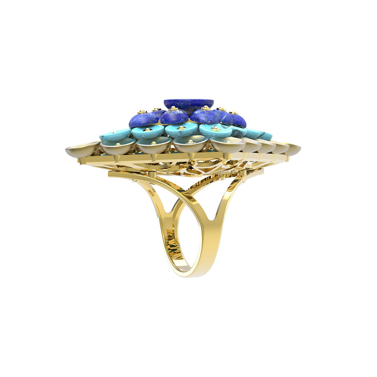 Кольцо из лимонного золота c бирюзой и лазуритом