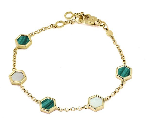 Браслет из лимонного золота 585 пробы c малахитом и перламутром