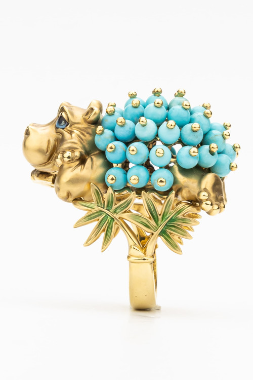 Кольцо из лимонного золота c эмалью и бирюзой