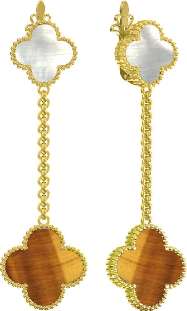 Серьги из лимонного золота c тигровым глазом и перламутром