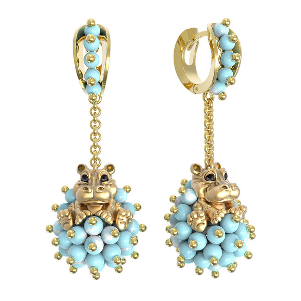 Серьги из лимонного золота c эмалью и бирюзой