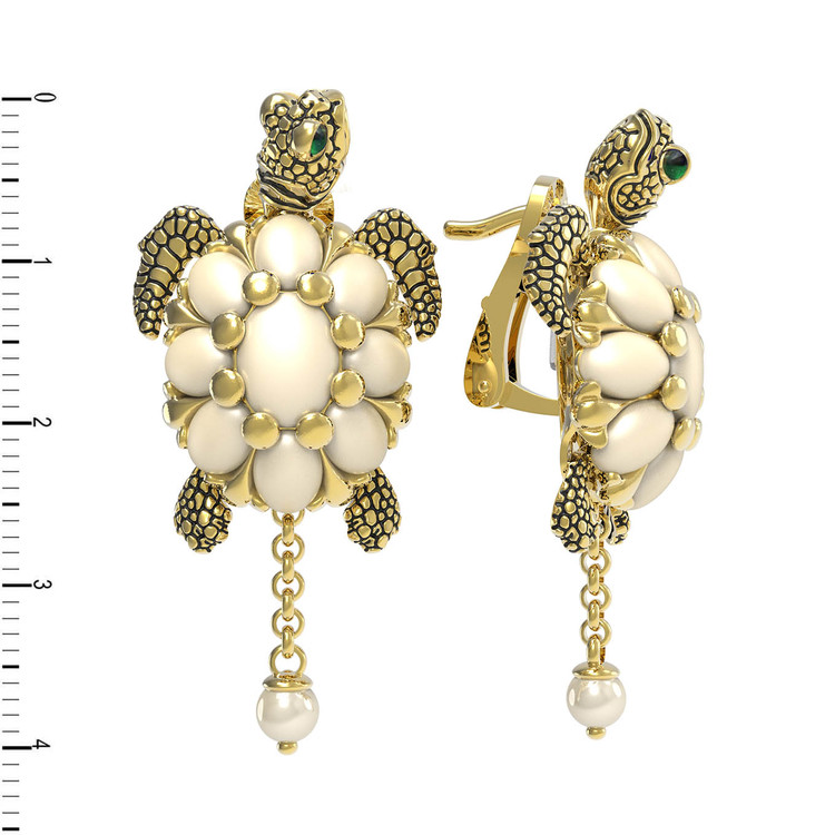 Серьги из лимонного золота c эмалью, жемчугом и бивнем мамонта