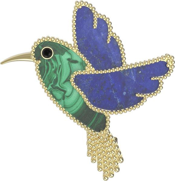 Брошь из лимонного золота c эмалью, лазуритом и малахитом