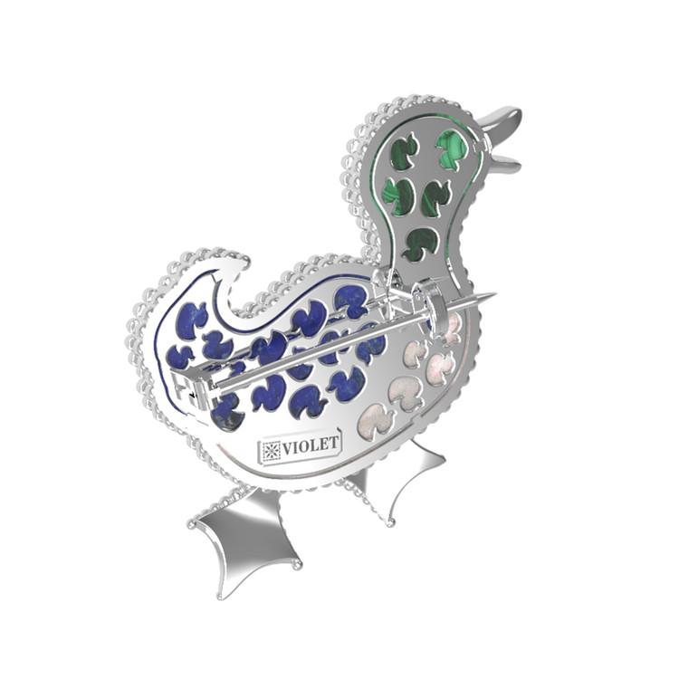 Брошь из белого золота c эмалью, лазуритом, малахитом и перламутром