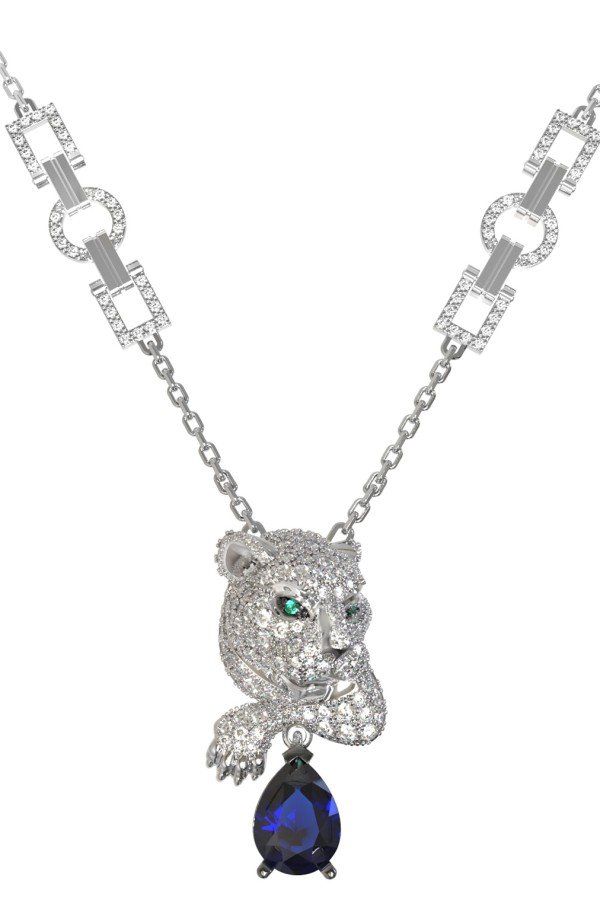 Колье из белого золота c бриллиантами, сапфиром и изумрудом