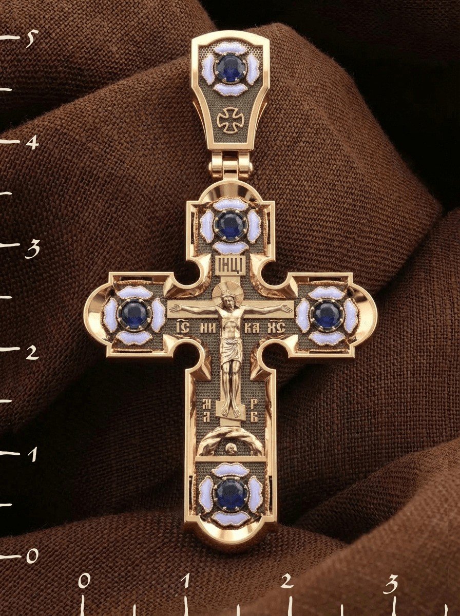 Крест из золота c эмалью и сапфиром