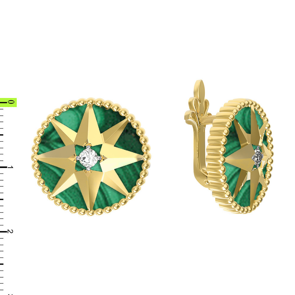 Серьги из лимонного золота c фианитом и малахитом