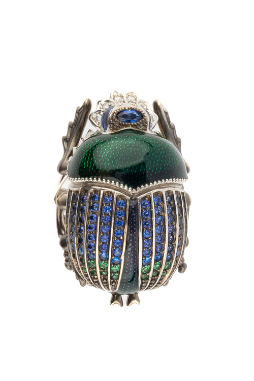 Кольцо из белого золота c эмалью, фианитом и сапфиром