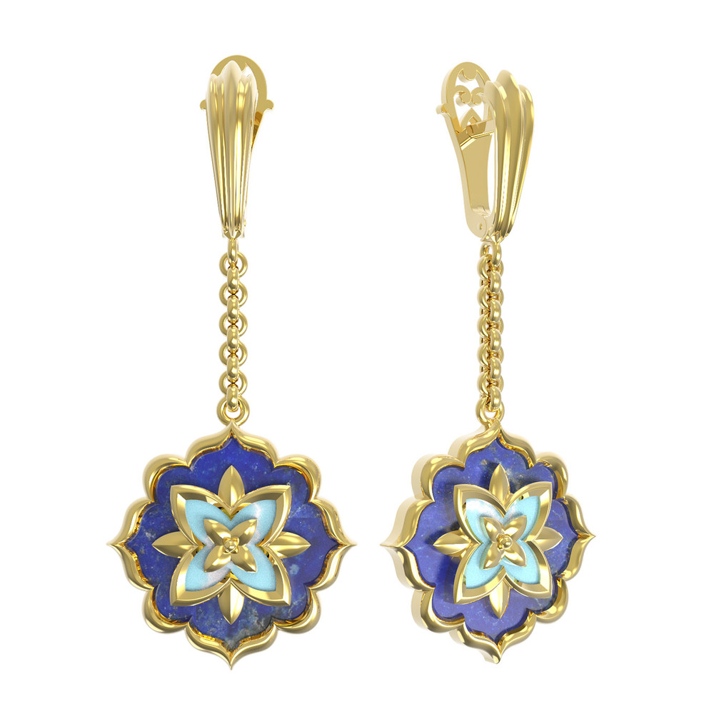 Серьги из лимонного золота c бирюзой и лазуритом