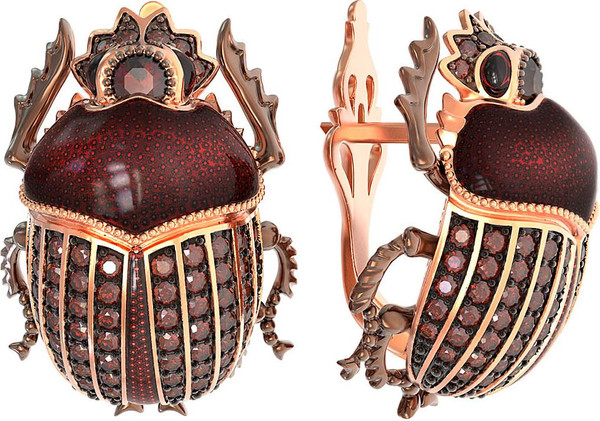 Серьги из золота c эмалью, фианитом и гранатом