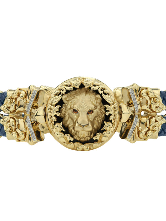 Браслет из лимонного золота c эмалью, бриллиантами, кожаным шнурком и ониксом