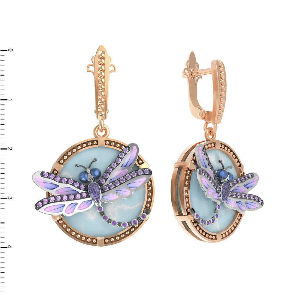 Серьги из золота c бирюзой, аметистом и эмалью